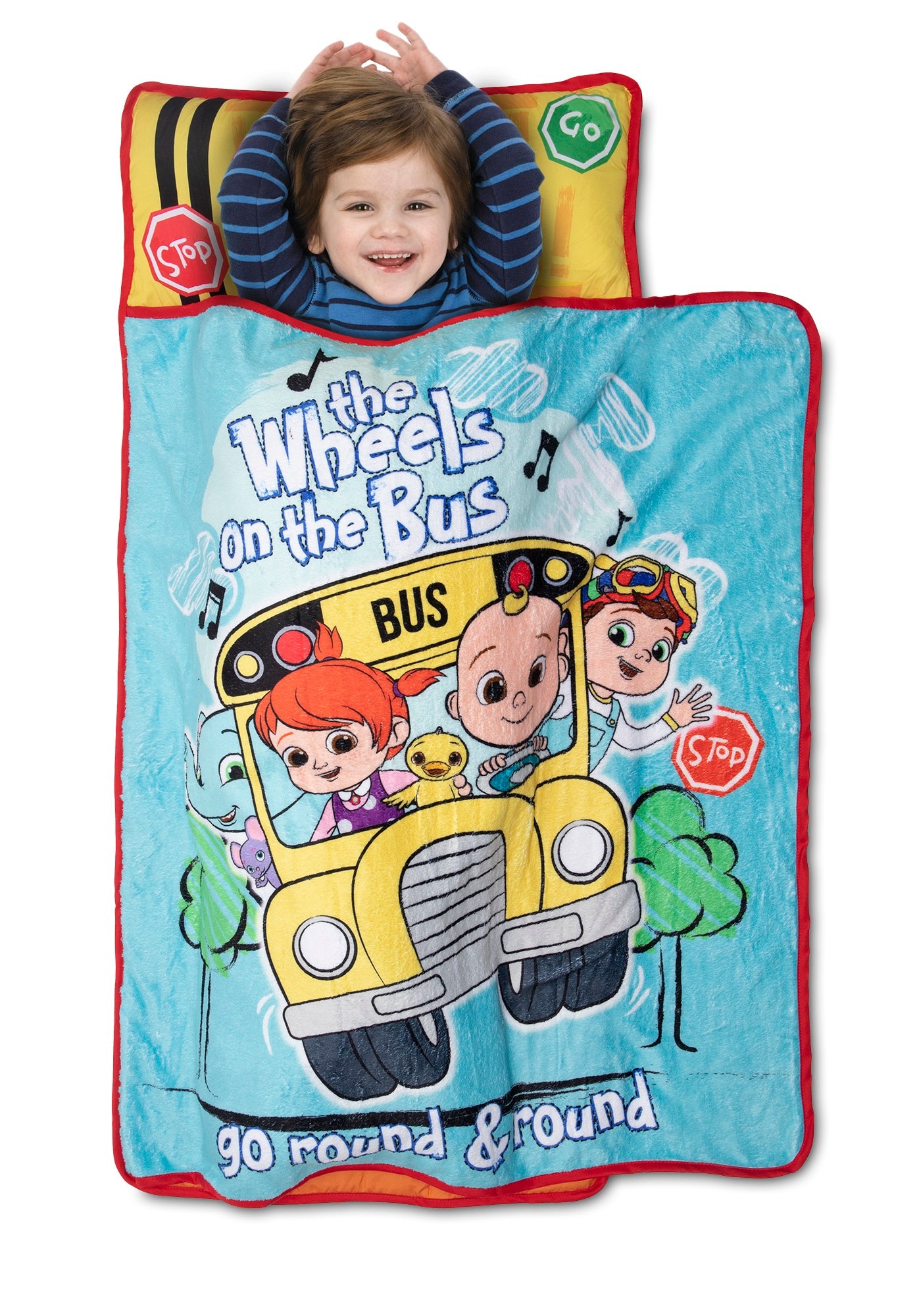 NoJo Cocomelon Wheels on the Bus Toddler Nap Mat - Includes Attached Pillow and Fleece Blanket