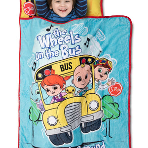 NoJo Cocomelon Wheels on the Bus Toddler Nap Mat - Includes Attached Pillow and Fleece Blanket