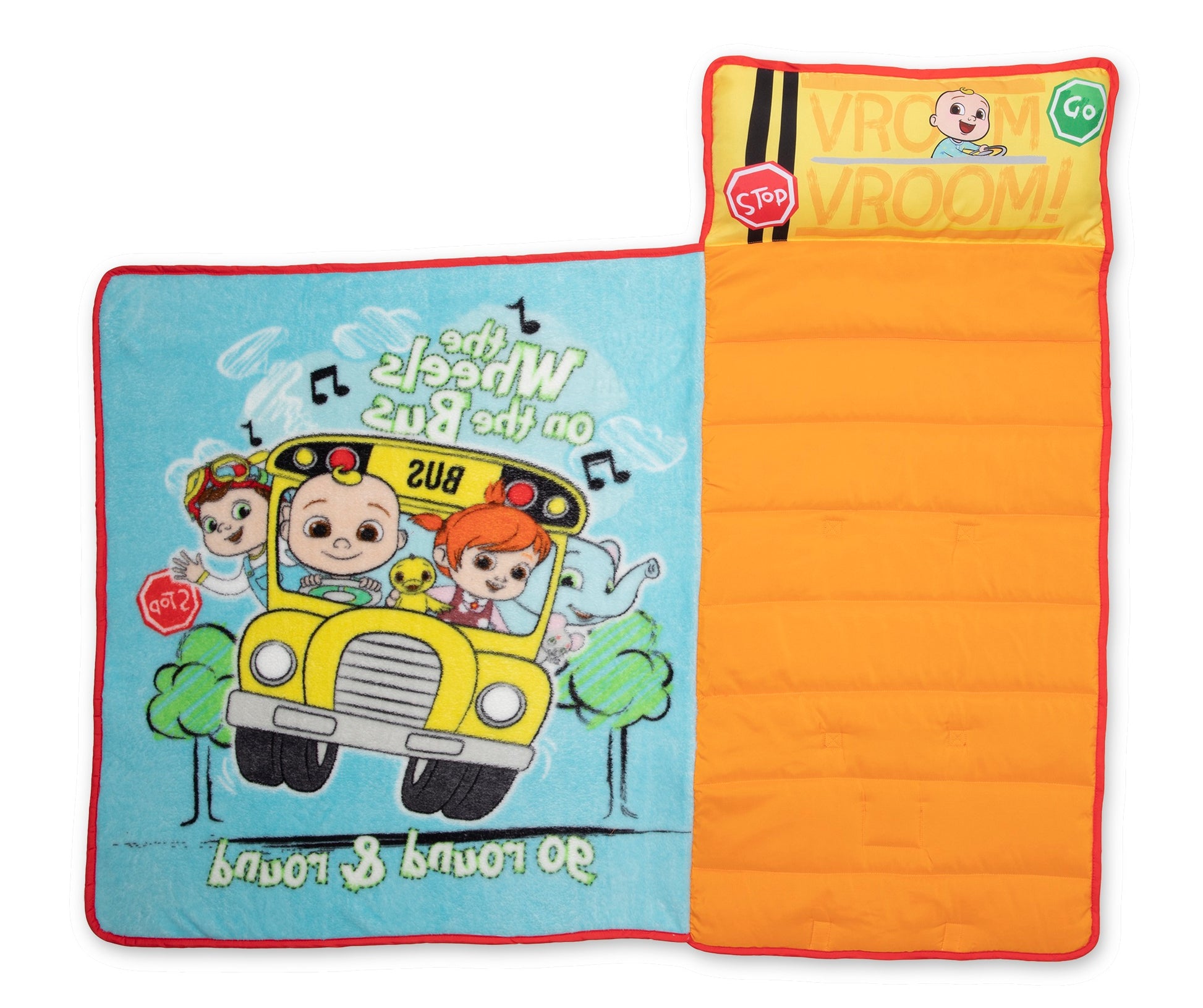 NoJo Cocomelon Wheels on the Bus Toddler Nap Mat - Includes Attached Pillow and Fleece Blanket