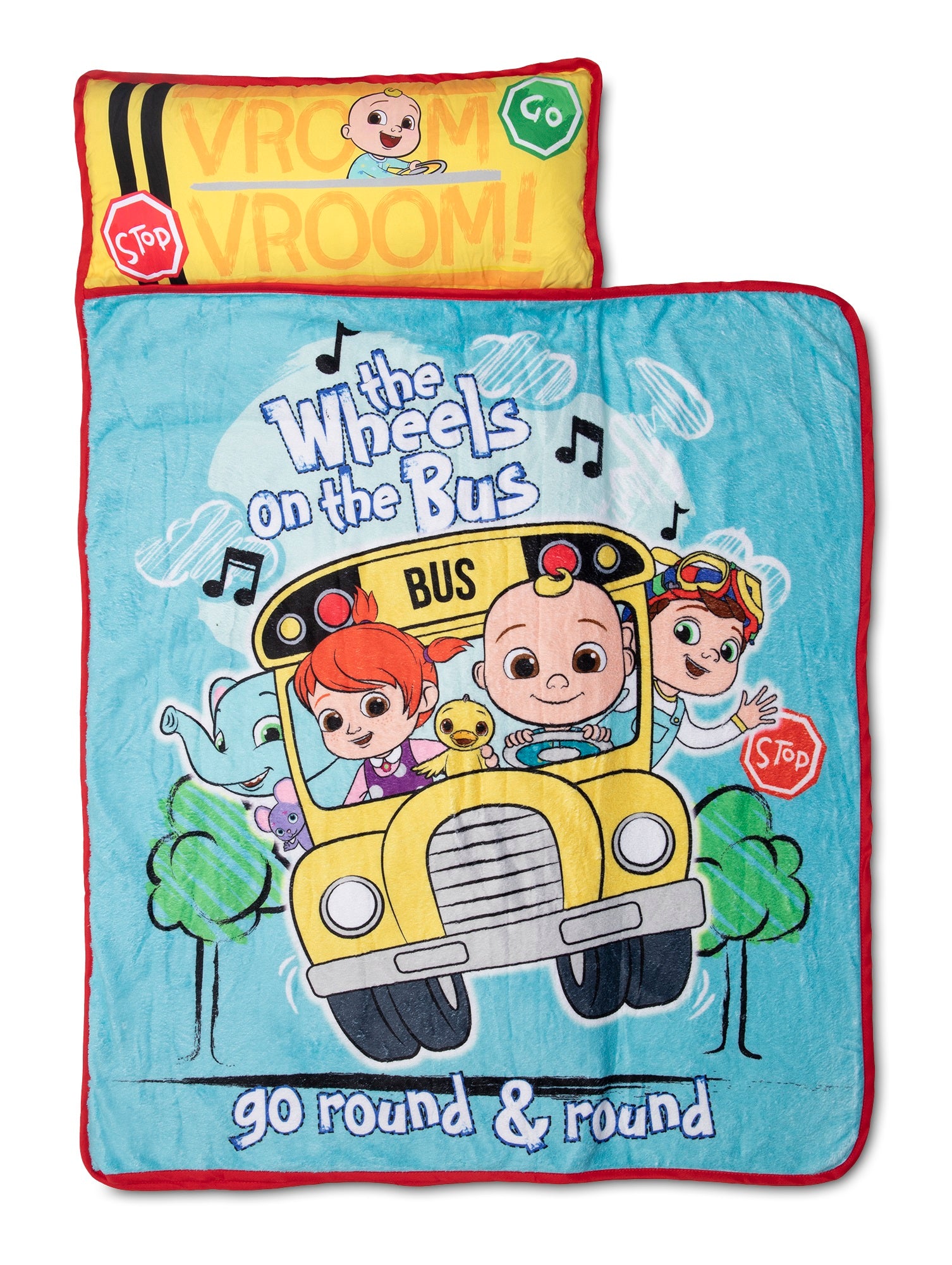 NoJo Cocomelon Wheels on the Bus Toddler Nap Mat - Includes Attached Pillow and Fleece Blanket