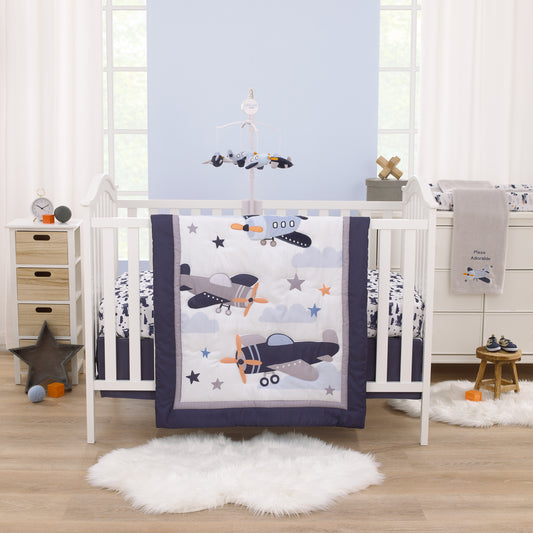 Little Love by NoJo Soar High Little One Navy, Light Blue, Orange, and White Airplanes, Clouds, and Stars 3 Piece Nursery Crib Bedding Set - Comforter, Fitted Crib Sheet and Crib Skirt