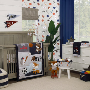 Nursery room with sports-themed decor, crib, and furniture.