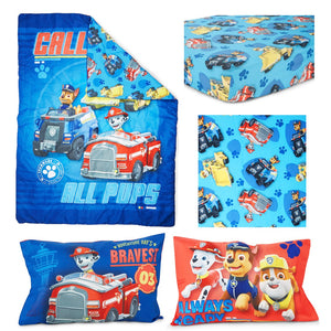 NoJo Paw Patrol Calling All Pups 4 Piece Toddler Bed Set Includes - Comforter, Fitted Bottom Sheet, Flat Top Sheet, Reversible Pillowcase