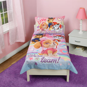 NoJo Paw Patrol Skye We're A Team 4 Piece Toddler Bed Set - Includes Comforter, Fitted Bottom Sheet, Flat Top Sheet, Reversible Pillowcase