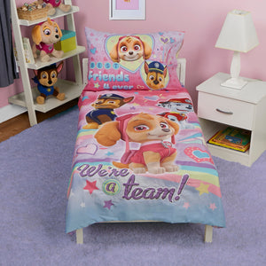 NoJo Paw Patrol Skye We're A Team 4 Piece Toddler Bed Set - Includes Comforter, Fitted Bottom Sheet, Flat Top Sheet, Reversible Pillowcase