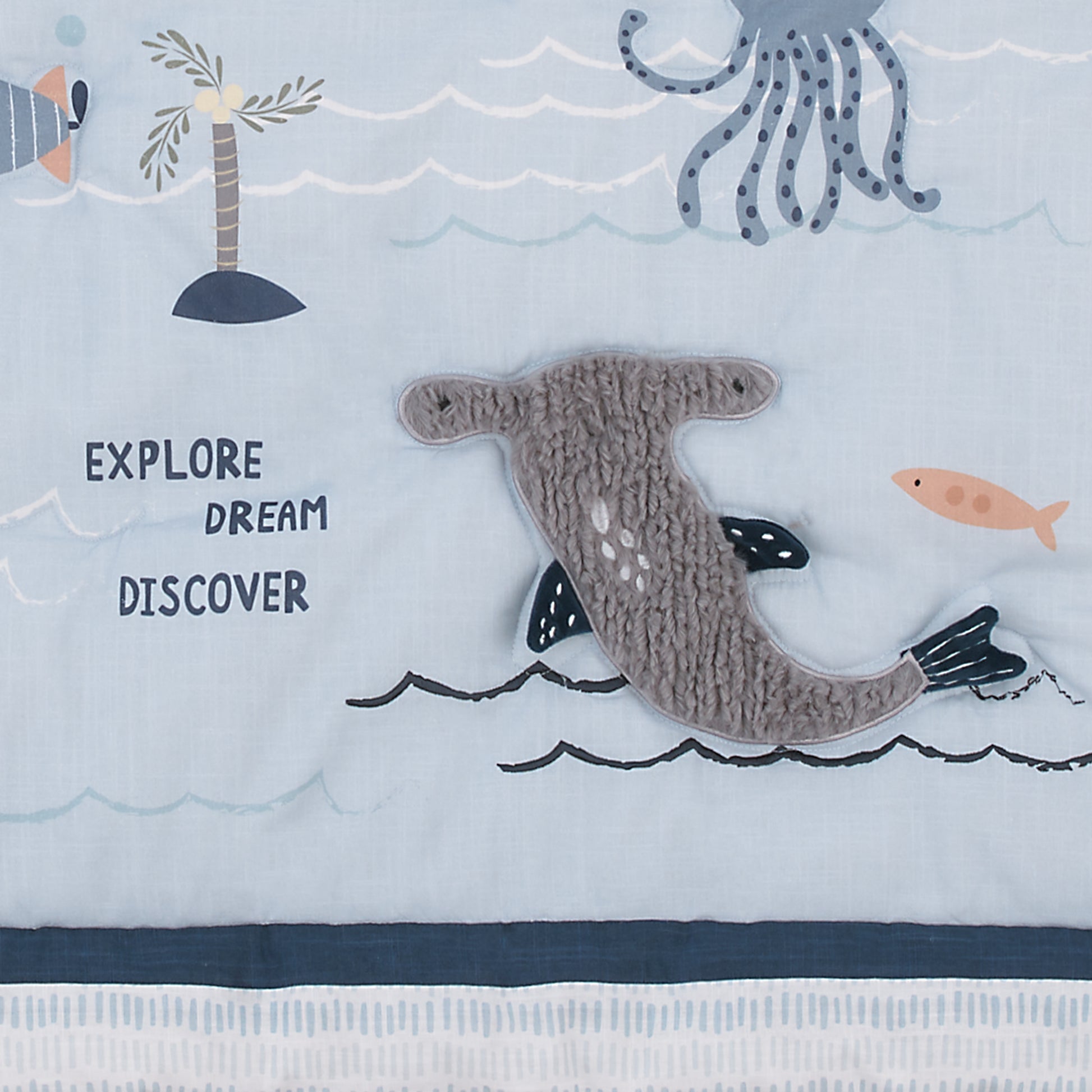 NoJo Explore Dream Discover Light Blue, Navy, Gray and Coral Ocean 4 Piece Nursery Crib Bedding Set - Comforter, 100% Cotton Fitted Crib Sheet, Crib Skirt and Nursery Organizer