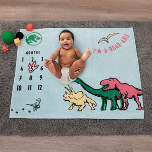 Welcome to the Universe Baby Jurassic World Blue, Green, Orange and Yellow I'm-a-Roar-able Dinosaur Super Soft Milestone Baby Blanket
