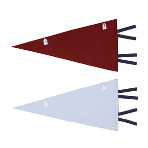 Two triangular flags, one red and one white, with blue tassels on a white background.