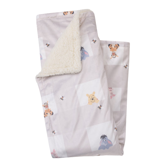 Disney Winnie the Pooh Hugs and Honeycombs Grey and White Plaid with Piglet, Tigger and Eeyore Super Soft Sherpa Baby Blanket