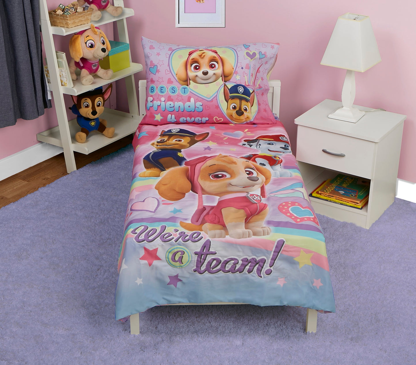 NoJo Paw Patrol Skye We're A Team 4 Piece Toddler Bed Set - Includes Comforter, Fitted Bottom Sheet, Flat Top Sheet, Reversible Pillowcase