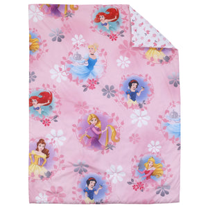 Disney Pretty Pretty Princess Pink, Blue, and Yellow 4 Piece Toddler Bed Set - Comforter, Fitted Bottom Sheet, Flat Top Sheet, and Reversible Pillowcase