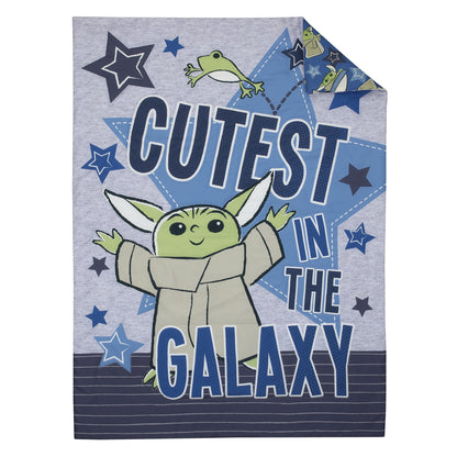 Star Wars The Child Cutest in the Galaxy Blue, Green and Gray, "Too Cute" Grogu, Stars, Hover Pod, and Sorgan Frog 4 Piece Toddler Bed Set - Comforter, Fitted Bottom Sheet, Flat Top Sheet, and Reversible Pillowcase