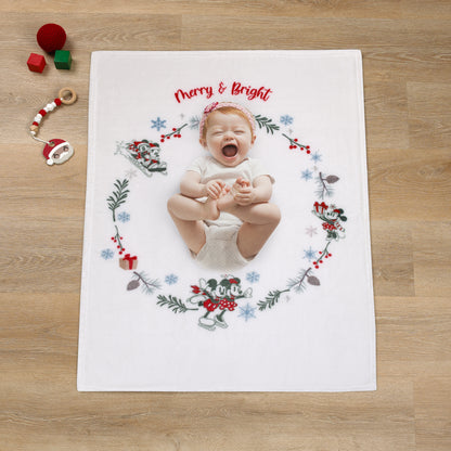 Disney Mickey and Minnie Mouse White, Red, and Green Christmas Holiday Wreath "Merry and Bright" Photo Op Super Soft Baby Blanket