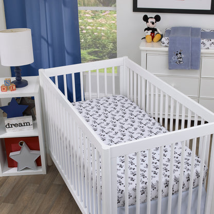 Disney Mickey Mouse - Timeless Mickey Blue, Gray, and White Stars and Icons 3 Piece Nursery Crib Bedding Set - Comforter, Fitted Crib Sheet, and Crib Skirt