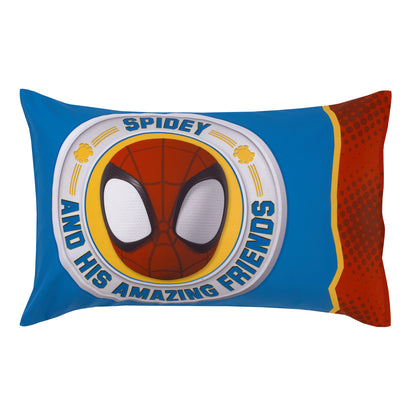 Marvel Spidey and His Amazing Friends Blue, Red, Yellow, and Green, Team Up 4 Piece Toddler Bed Set - Comforter, Fitted Bottom Sheet, Flat Top Sheet, and Reversible Pillowcase