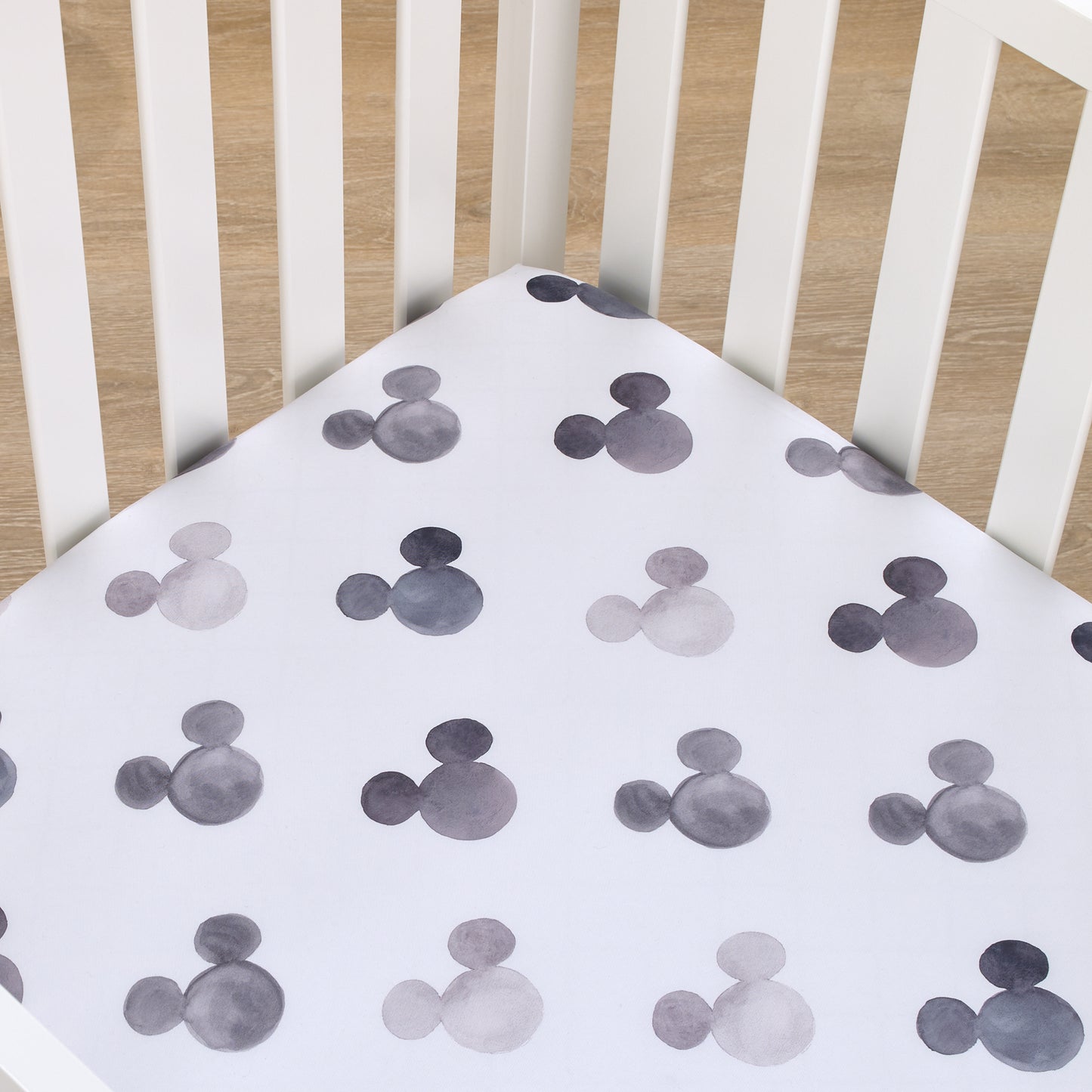 Disney Mickey Mouse - Black, White and Gray Watercolor Mickey Ears Nursery Fitted Crib Sheet