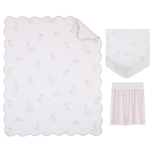 Ever & Ever Sweet Bunny Pink, White, and Taupe 100% Cotton 3 Piece Nursery Crib Bedding Set - Quilt, Fitted Crib Sheet, and Crib Skirt