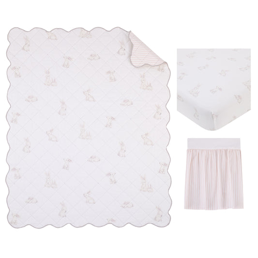 Ever & Ever Sweet Bunny Pink, White, and Taupe 100% Cotton 3 Piece Nursery Crib Bedding Set - Quilt, Fitted Crib Sheet, and Crib Skirt