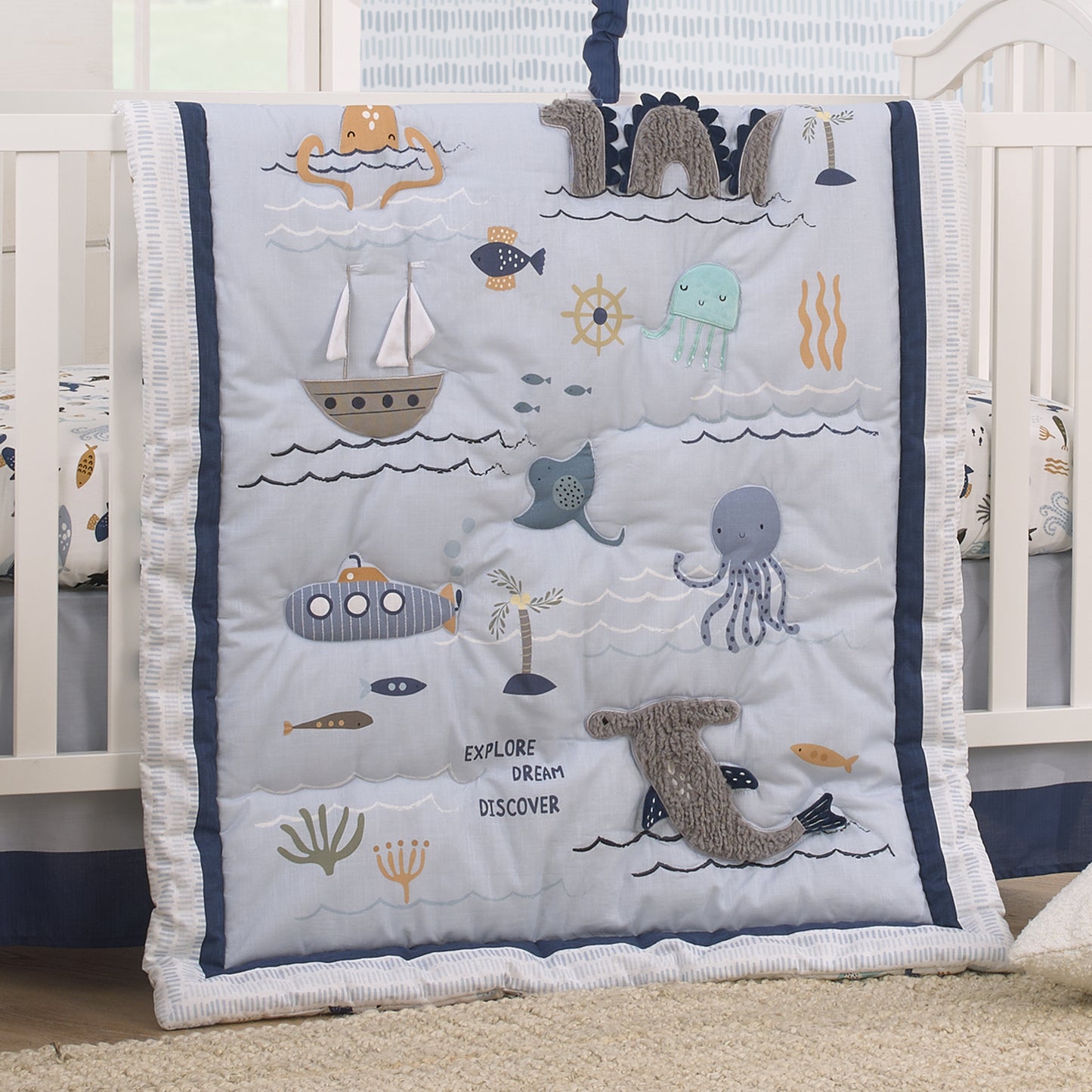 NoJo Explore Dream Discover Light Blue, Navy, Gray and Coral Ocean 4 Piece Nursery Crib Bedding Set - Comforter, 100% Cotton Fitted Crib Sheet, Crib Skirt and Nursery Organizer