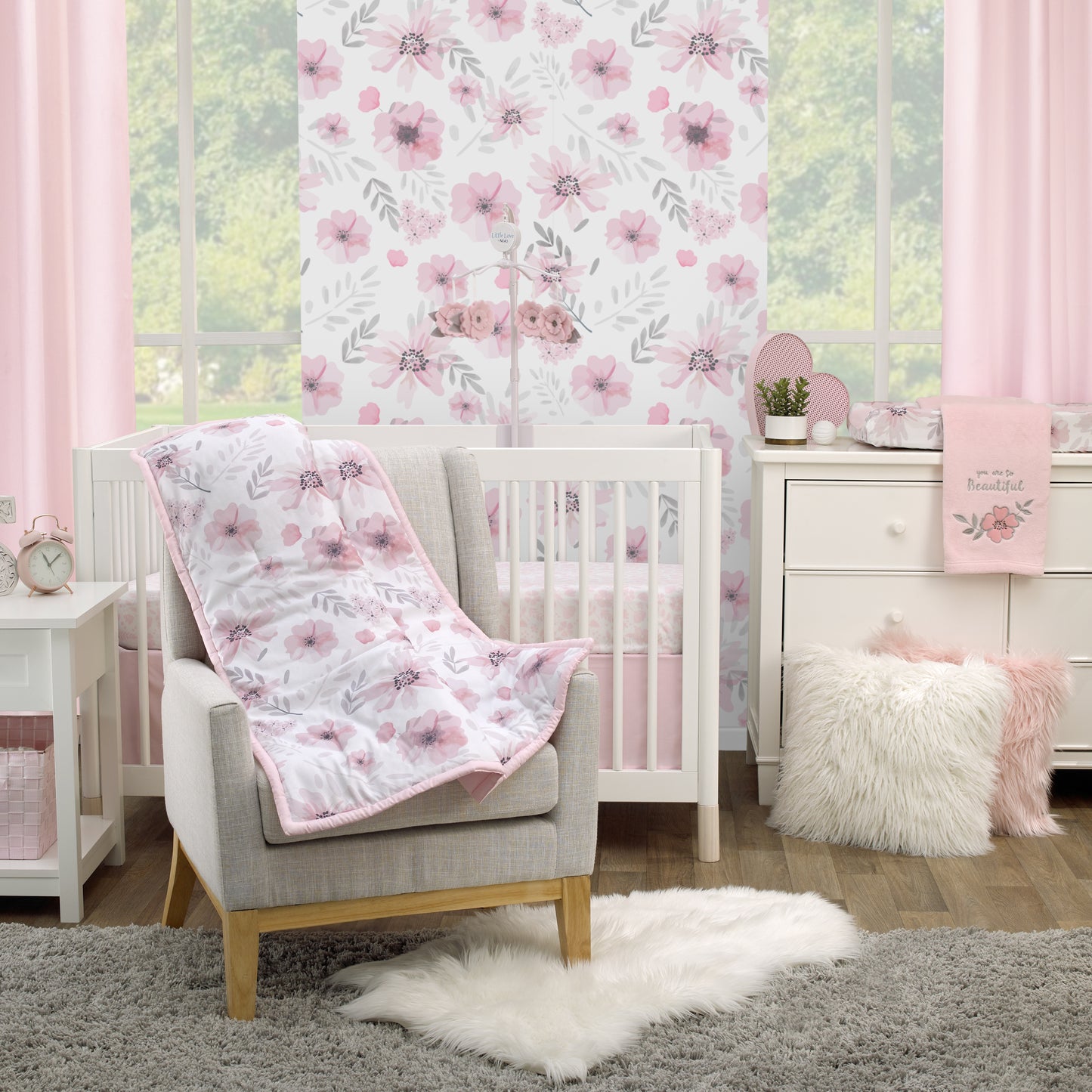 Little Love by NoJo Beautiful Blooms Pink, White, and Grey Floral 3 Piece Nursery Crib Bedding Set - Comforter, Fitted Crib Sheet and Crib Skirt