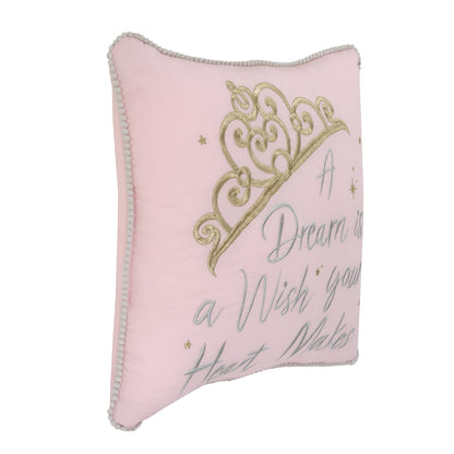 Disney Princess Enchanting Dreams Pink and Gold Embroidered Crown Decorative Throw Pillow with White Pom Pom Trim