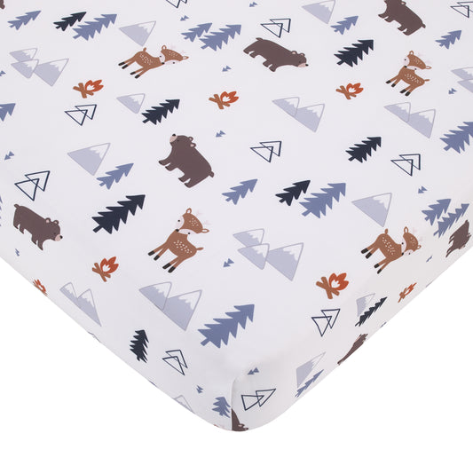National Park Navy, Gray, Tan, and White Forest Friends Nursery Fitted Crib Sheet