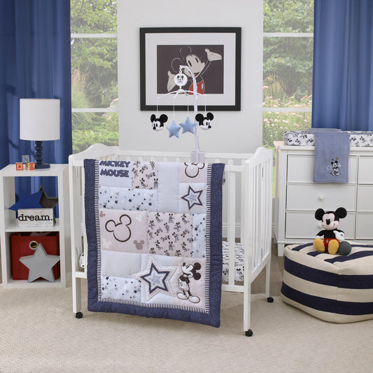 Disney Mickey Mouse Timeless Mickey Gray, White, and Blue Stars and Icons 3 Piece Nursery Mini Crib Bedding Set - Comforter and Two Fitted Mini Crib Sheets