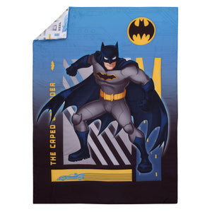 Warner Bros  Batman The Caped Crusader Navy, Gray, and Yellow Bat-Signal 4 Piece Toddler Bed Set - Comforter, Fitted Bottom Sheet, Flat Top Sheet and Reversible Pillowcase
