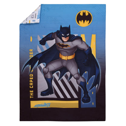Warner Brothers Batman The Caped Crusader Navy, Gray, and Yellow Bat-Signal 4 Piece Toddler Bed Set - Comforter, Fitted Bottom Sheet, Flat Top Sheet and Reversible Pillowcase