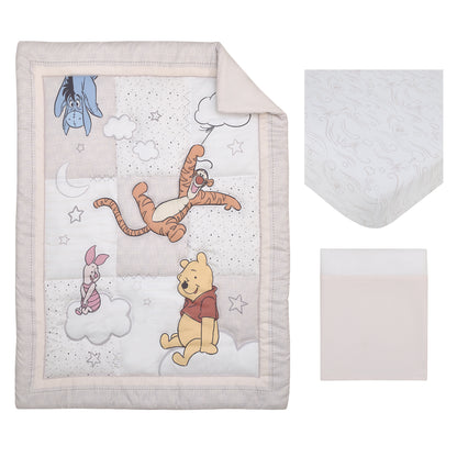 Disney Winnie the Pooh - Blustery Day Grey and White Clouds with Piglet, Tigger and Eeyore 3 Piece Nursery Crib Bedding Set - Comforter, Fitted Crib Sheet and Crib Skirt