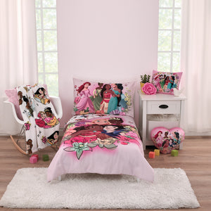 Disney Princesses Courage and Kindness Pink, Blue, Green and Yellow Ariel and Snow White, Tiana and Moana, Cinderella, and Jasmine Toddler Pillow