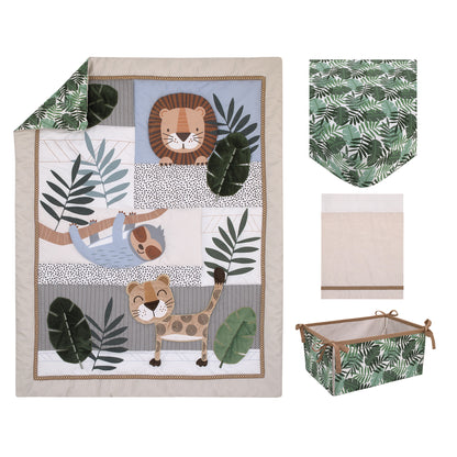 NoJo Jungle Paradise Green, Gray, and Tan Lion, Sloth, and Leopard Palm Leaf 4 Piece Nursery Crib Bedding Set - Comforter, 100% Cotton Fitted Sheet, Crib Skirt, and Storage Caddy