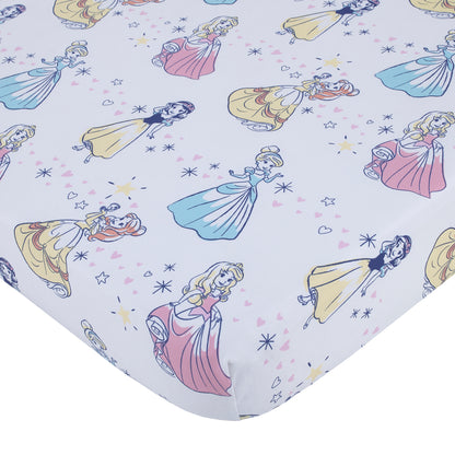 Disney Little Princess Pink, Blue, Yellow and White Stars and Hearts Cinderella, Snow White, Belle and Aurora 6 Piece Nursery Crib Bedding Set - Comforter, Two Fitted Crib Sheets, Crib Skirt, Blanket and Changing Pad Cover