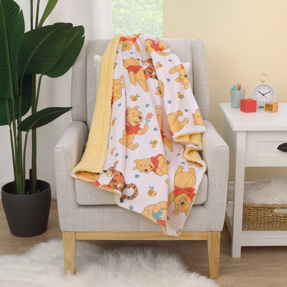 Disney Winnie the Pooh Summertime Fun Yellow, Orange, and White Super Soft Sherpa Baby Blanket