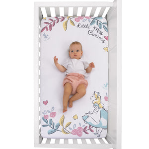 Disney Alice in Wonderland Light Blue, Pink, Yellow, and White Nursery Photo Op Fitted Crib Sheet
