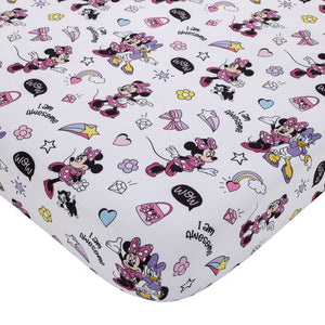Disney Minnie Mouse I am Awesome Lavender, Pink, and White with BFF Daisy Duck, Rainbow Hearts and Stars 2 Piece Toddler Sheet Set - Fitted Bottom Sheet and Reversible Pillowcase