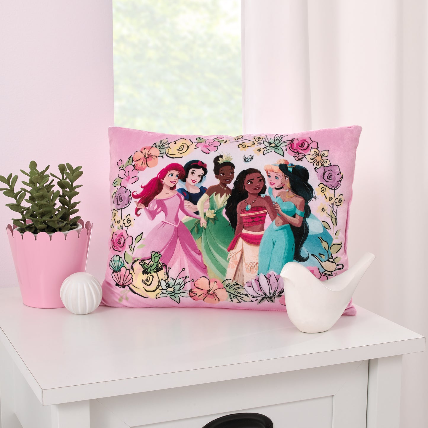 Disney Princesses Courage and Kindness Pink, Blue, Green and Yellow Ariel and Snow White, Tiana and Moana, Cinderella, and Jasmine Toddler Pillow