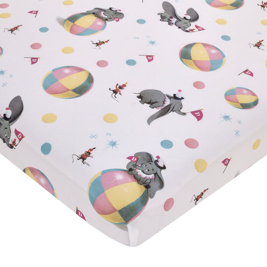 Disney Vintage Dumbo - Gray, White and Multi-Colored Circus Flags, Balls and Timothy Mouse Nursery Fitted Mini Crib Sheet