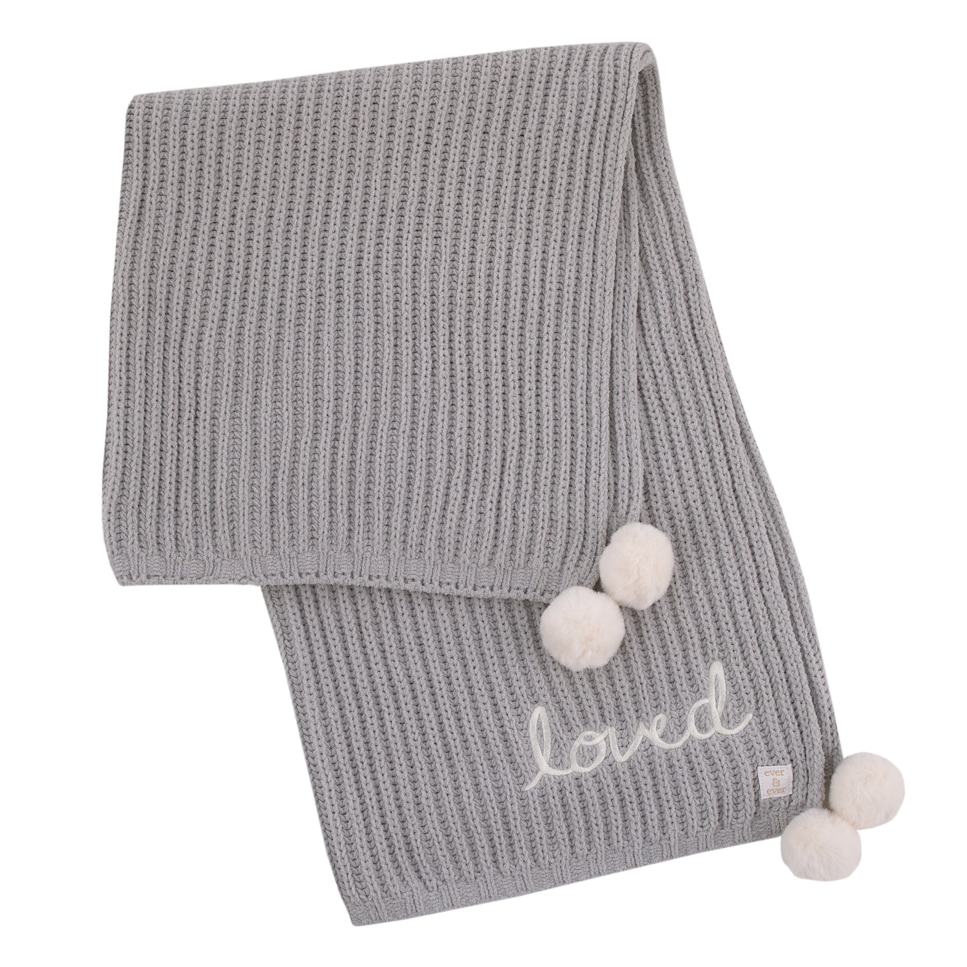 Ever & Ever Loved Gray Chenille Super Soft Pom Pom Baby Blanket with Embroidery