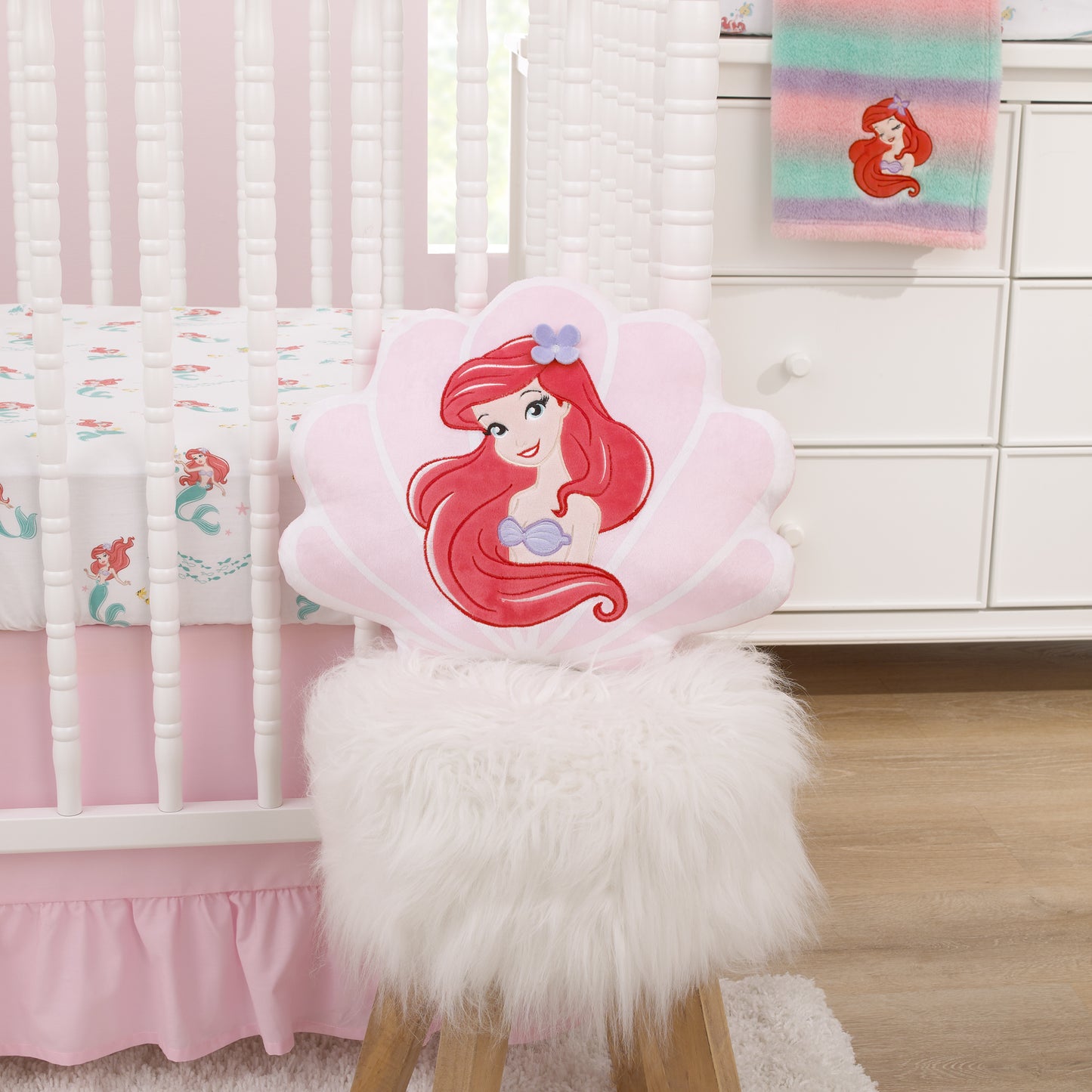 Disney Ariel Watercolor Wishes Pink and White Seashell Decorative Pillow