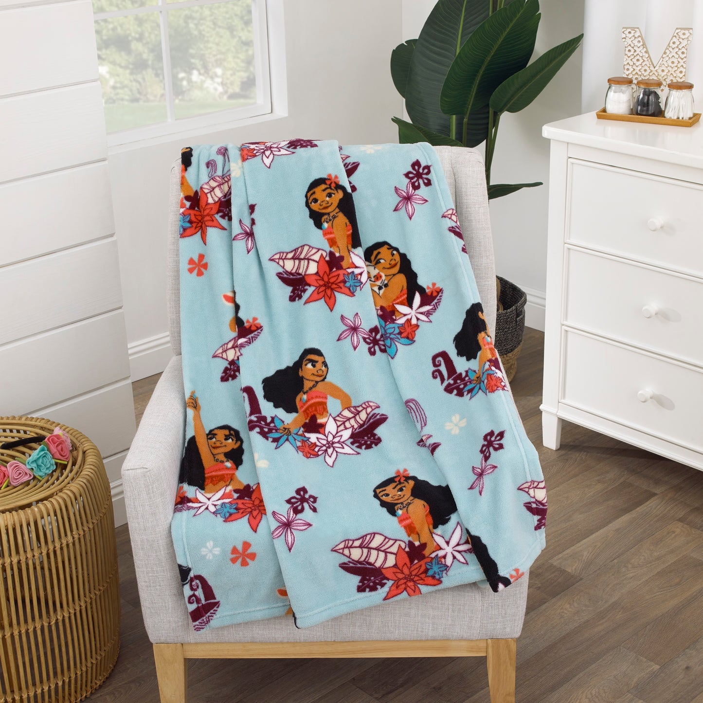 Disney Moana Feel The Waves Aqua, Coral and Violet with Pua Pig and Tropical Flowers Super Soft Toddler Blanket