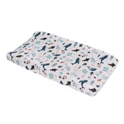 NoJo Explore Dream Discover Light Blue, Navy, Gray, and Coral Super Soft Contoured Changing Pad Cover