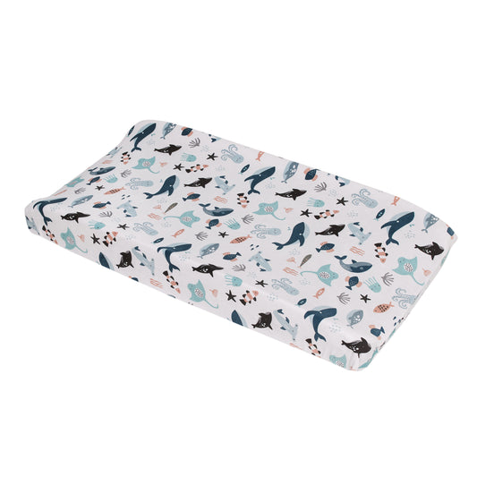 Explore Dream Discover Light Blue, Navy, Gray, and Coral Super Soft Contoured Changing Pad Cover