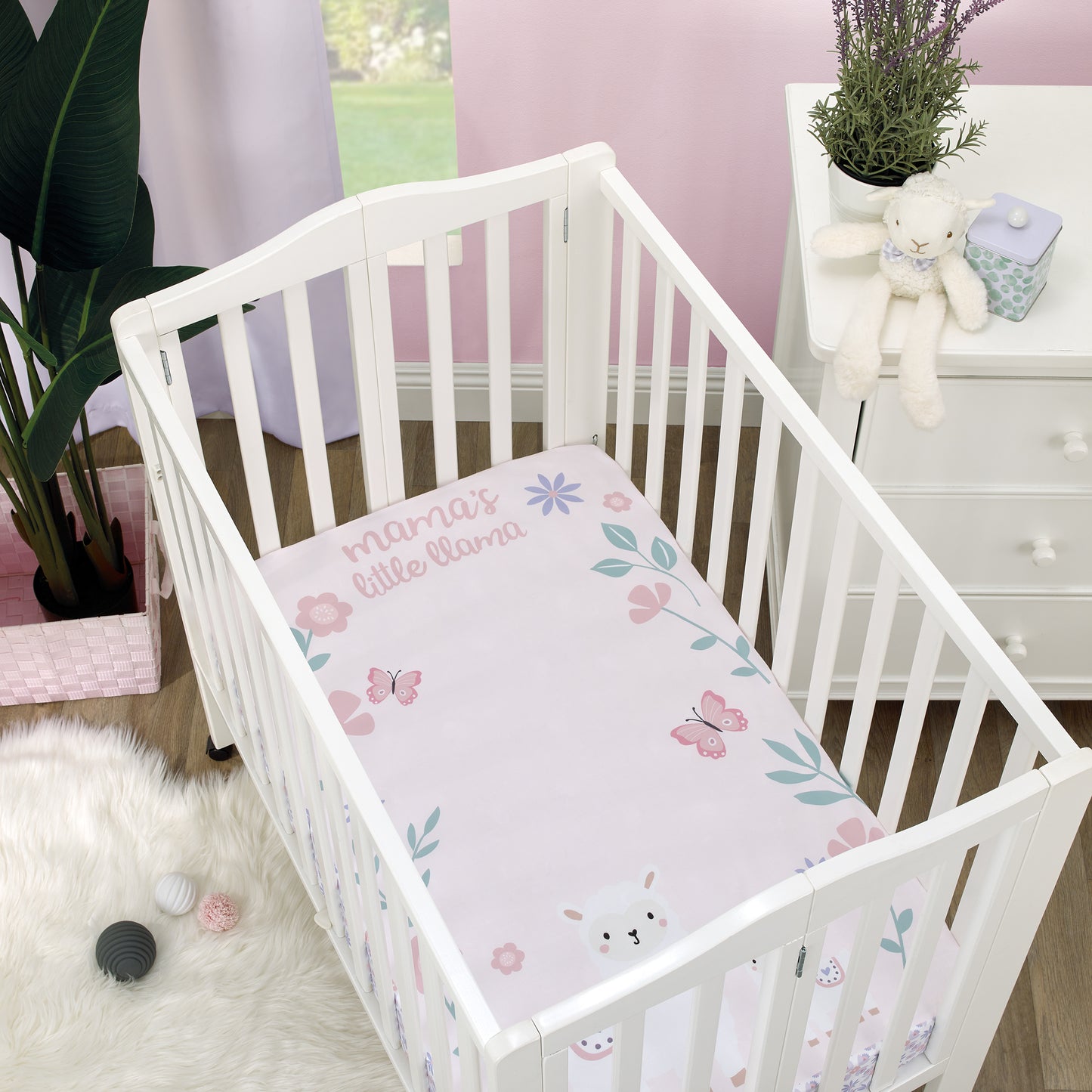 Little Love by NoJo Mama's Little Llama Pink and Lavender Floral Photo Op Fitted Mini Crib Sheet