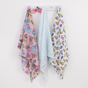 Disney Princesses Pink, Aqua, Lavender, Green, and White 3 Piece Muslin Swaddle Baby Blanket Set