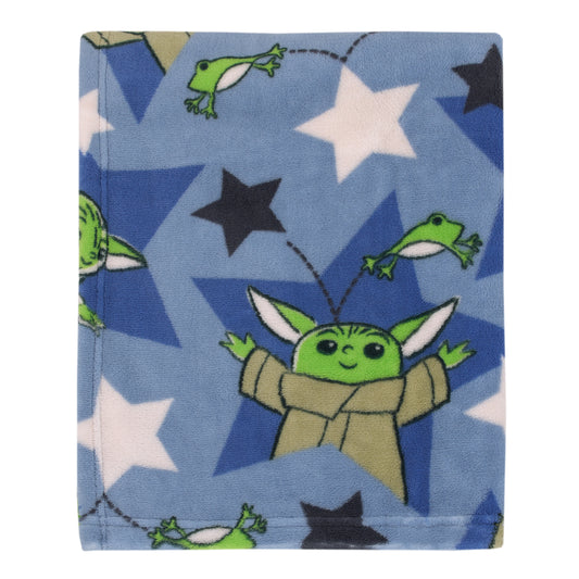The Child Cutest in the Galaxy Blue, Green, and Gray, Grogu, Stars, and Hover Pod Super Soft Toddler Blanket