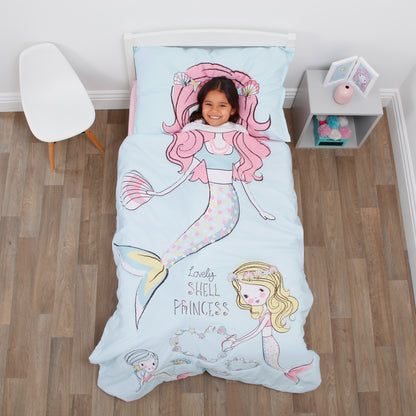 Everything Kids Mermaid Aqua, Pink, Yellow 4 Piece Toddler Bed Set - Comforter, Fitted Bottom Sheet, Flat Top Sheet, Standard Size Pillowcase