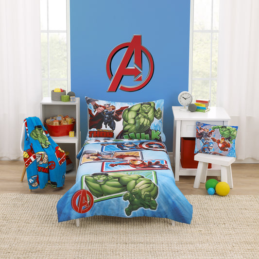 The Avengers I Am A Hero Blue, Green, Red, and Yellow 4 Piece Toddler Bed Set - Comforter, Fitted Bottom Sheet, Flat Top Sheet, and Reversible Pillowcase