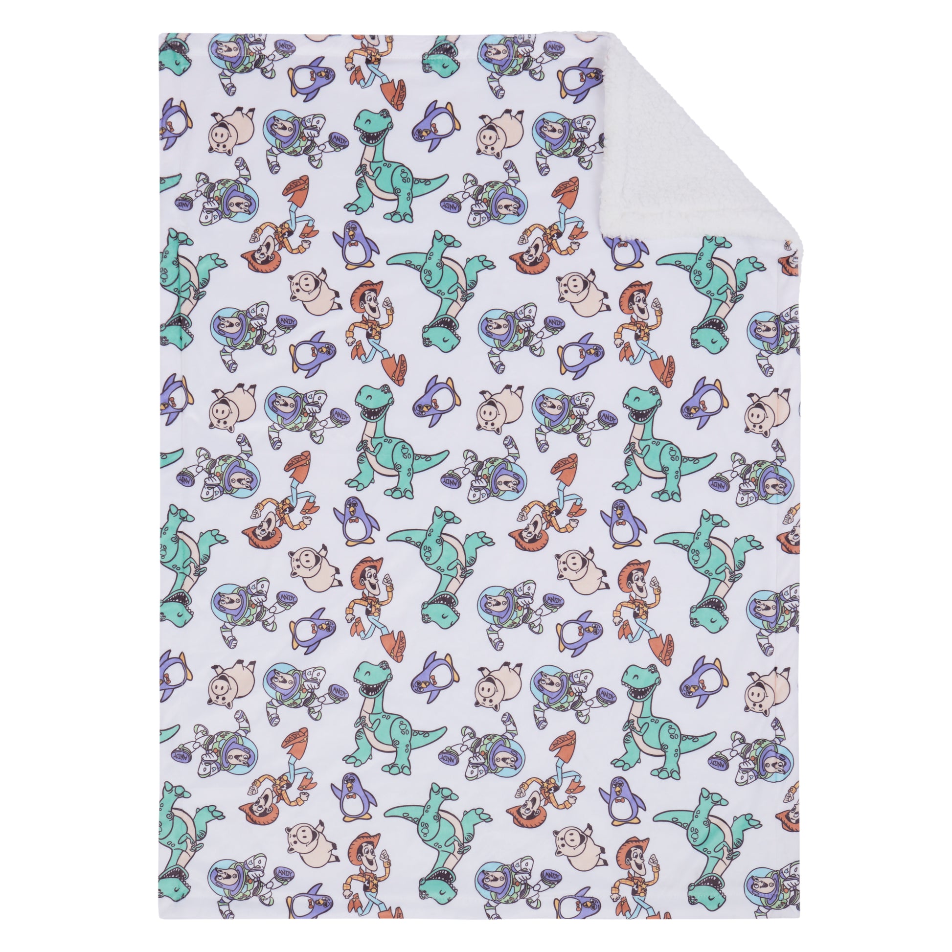 NoJo Disney Toy Story Play All Day Sherpa Baby Blanket - Woody, Buzz, Rex, Wheezy, and Hamm, Teal, Blue, and White