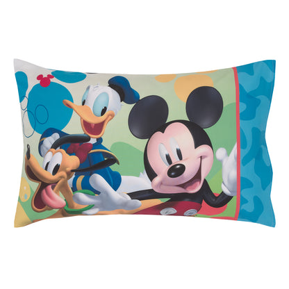 Disney Mickey Mouse Blue, Red, and Green, Donald Duck, Pluto, and Goofy, Fun Starts Here 4 Piece Toddler Bed Set - Comforter, Fitted Bottom Sheet, Flat Top Sheet, and Reversible Pillowcase